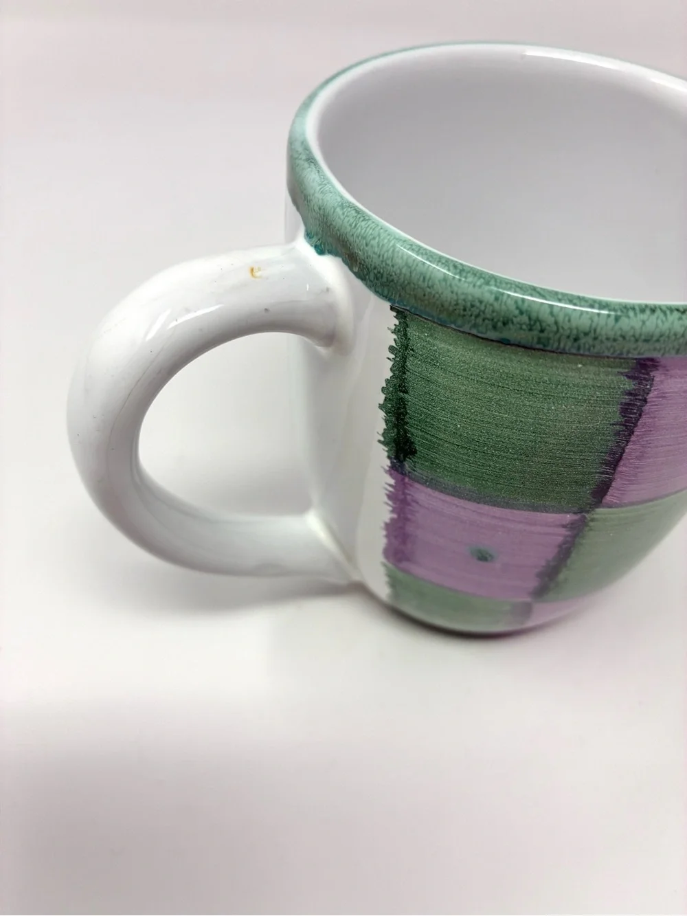 Pottery Barn “Sunnyside” Mug 4 1/8 Green-Purple Checkered Italy Earthenware